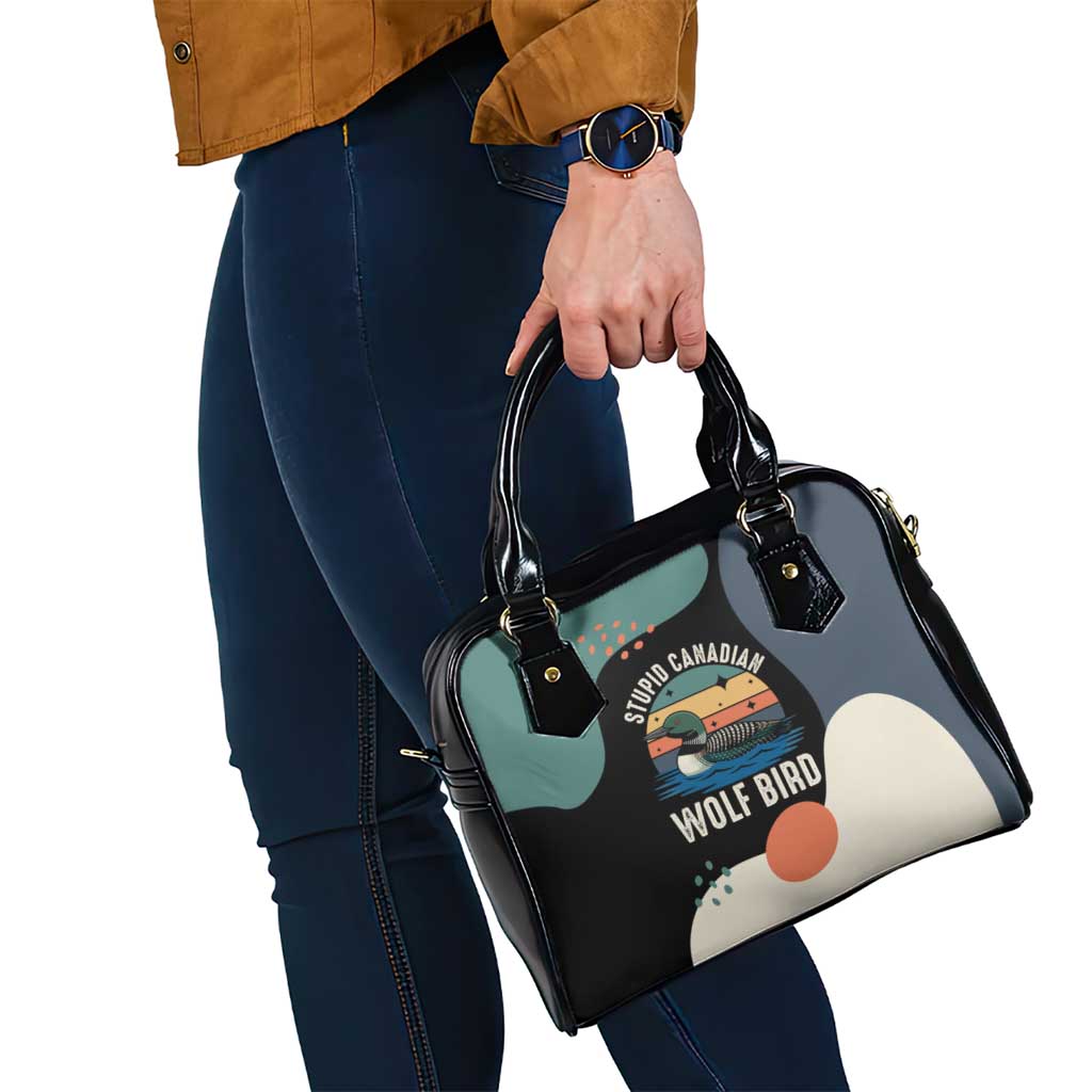 Stupid Canadian Wolf Bird Shoulder Handbag with Retro Sunset Stripe Pattern