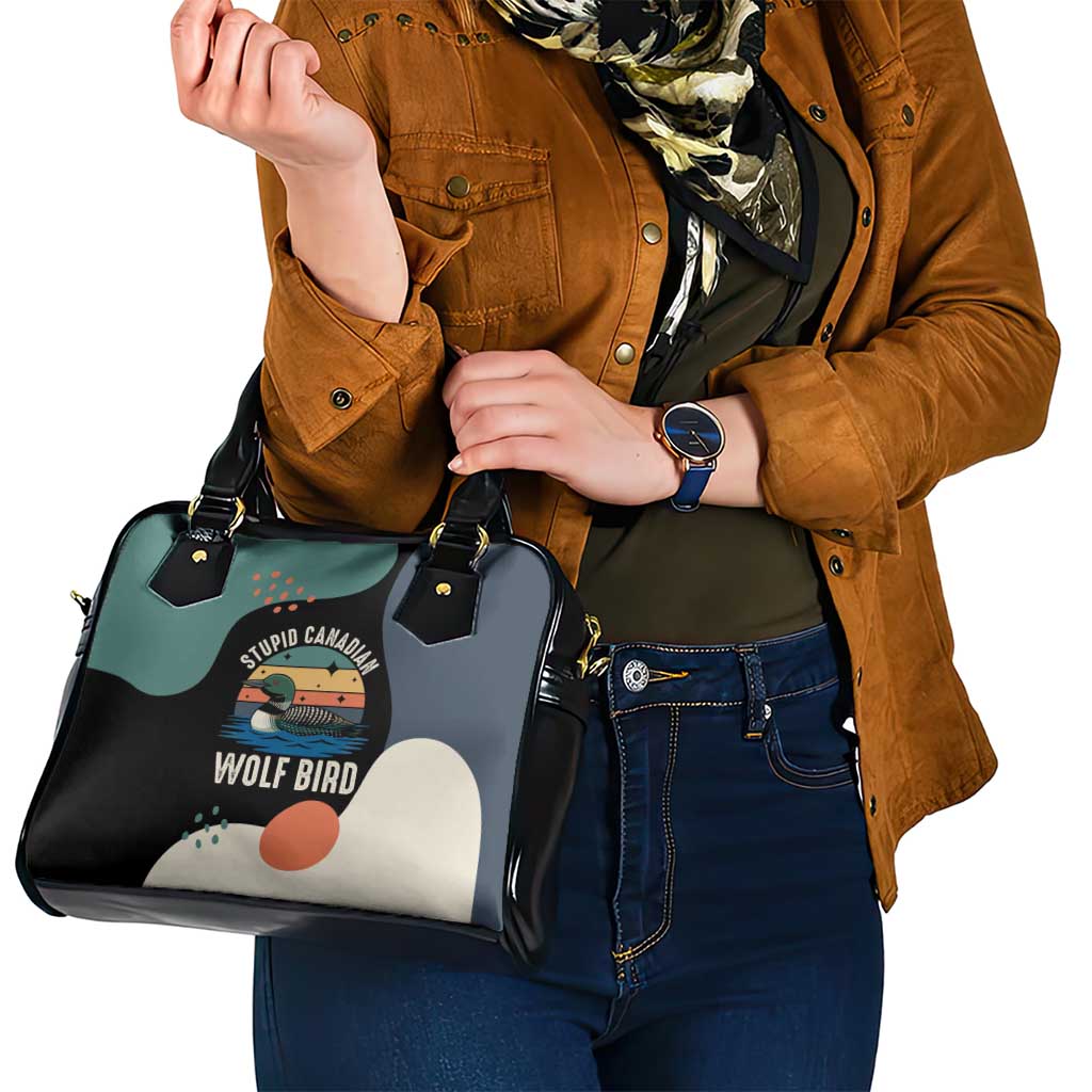 Stupid Canadian Wolf Bird Shoulder Handbag with Retro Sunset Stripe Pattern