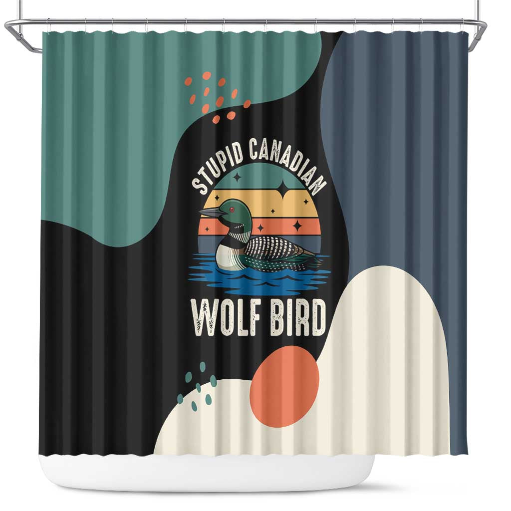 Stupid Canadian Wolf Bird Shower Curtain with Retro Sunset Stripe Pattern