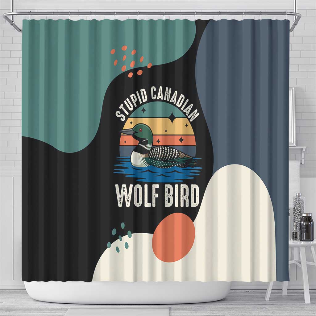 Stupid Canadian Wolf Bird Shower Curtain with Retro Sunset Stripe Pattern