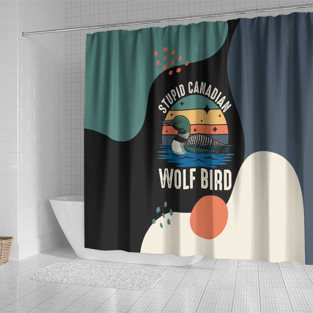 Stupid Canadian Wolf Bird Shower Curtain with Retro Sunset Stripe Pattern