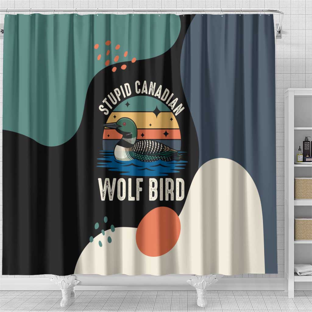 Stupid Canadian Wolf Bird Shower Curtain with Retro Sunset Stripe Pattern