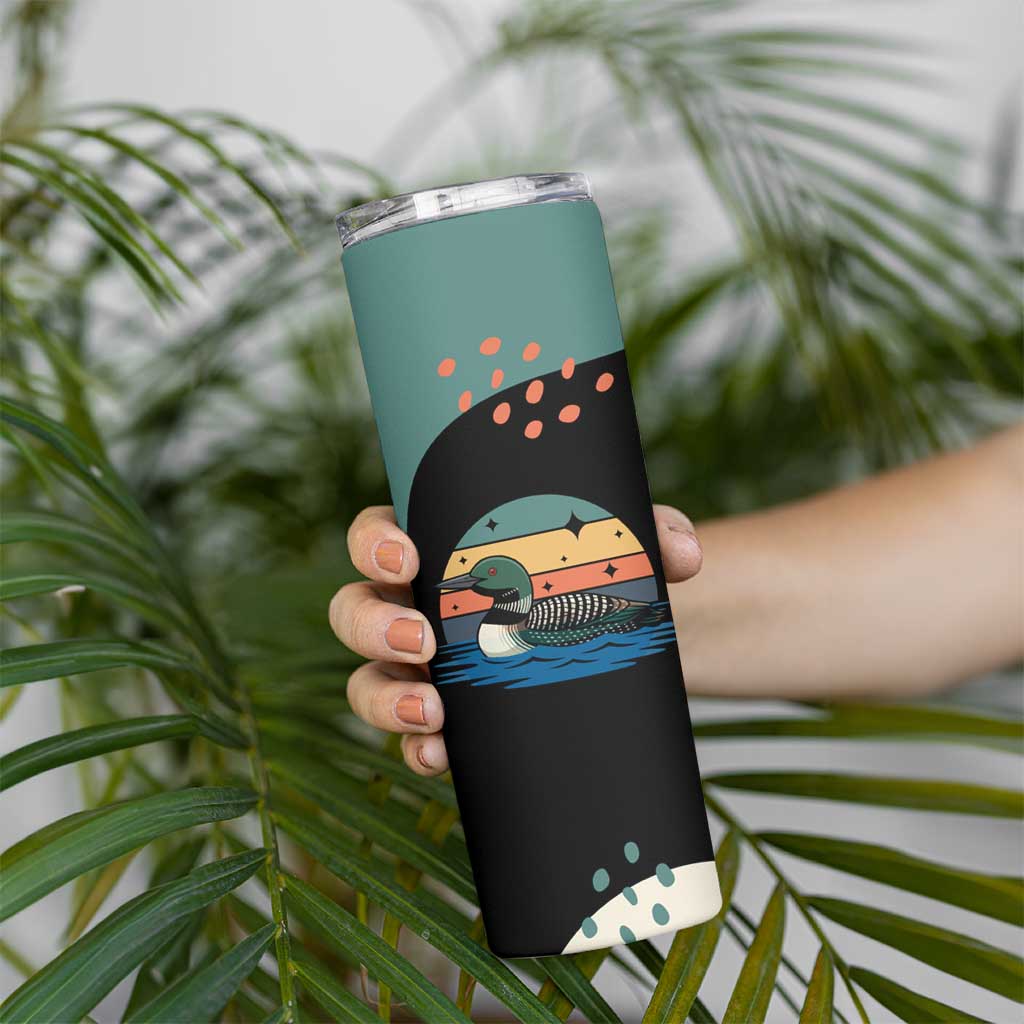 Stupid Canadian Wolf Bird Skinny Tumbler with Retro Sunset Stripe Pattern