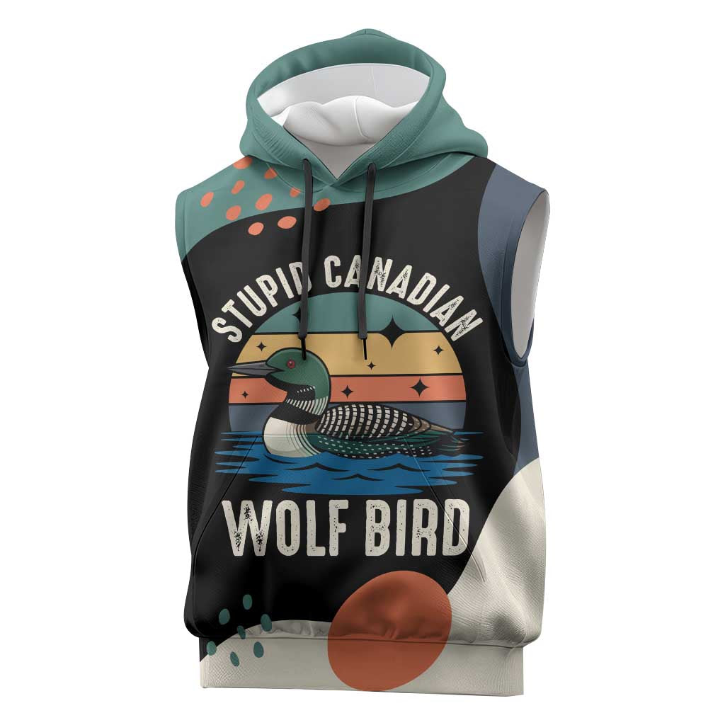 Stupid Canadian Wolf Bird Sleeveless Hoodie with Retro Sunset Stripe Pattern