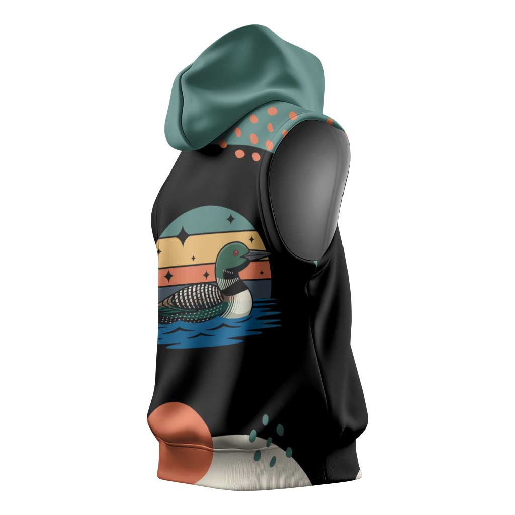 Stupid Canadian Wolf Bird Sleeveless Hoodie with Retro Sunset Stripe Pattern
