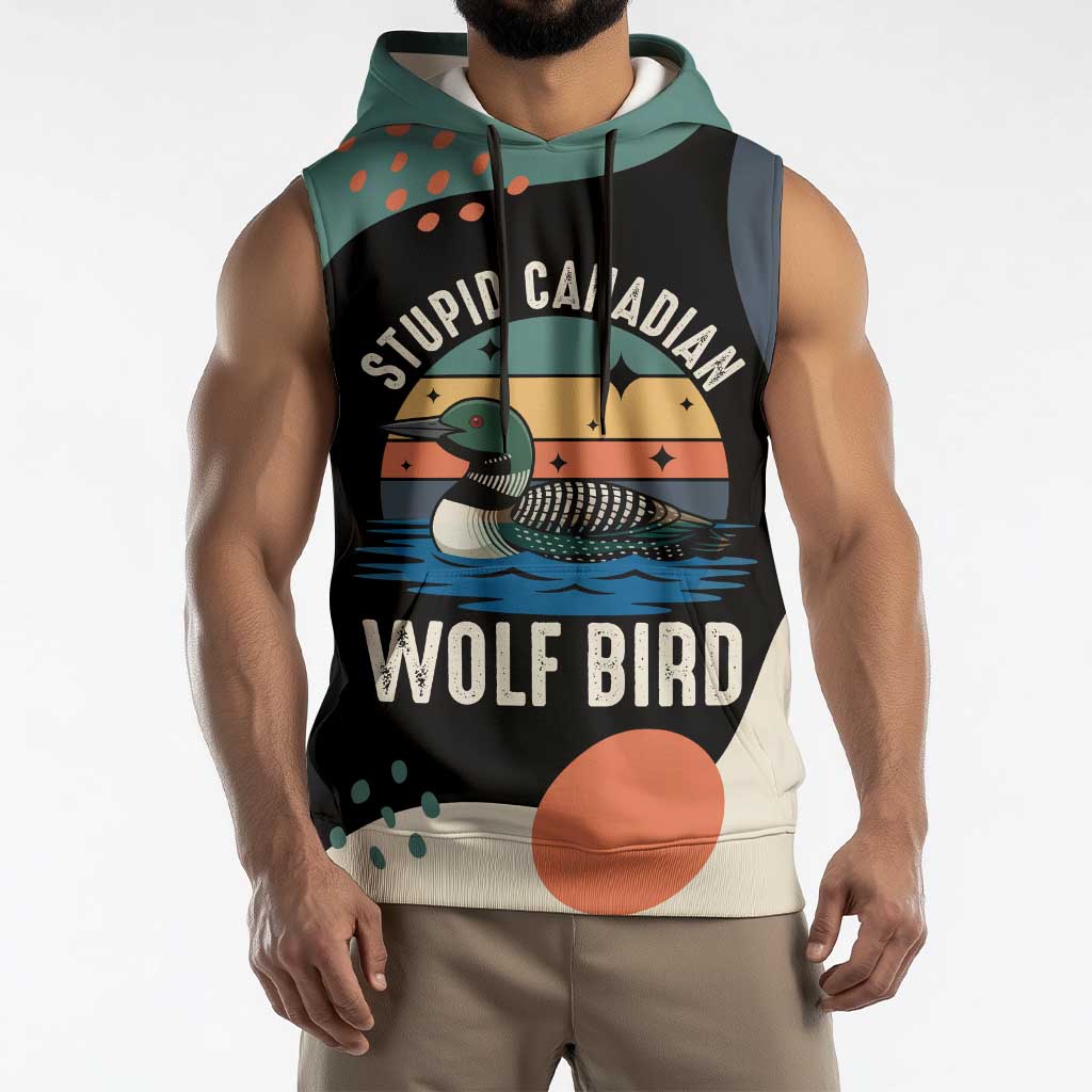 Stupid Canadian Wolf Bird Sleeveless Hoodie with Retro Sunset Stripe Pattern