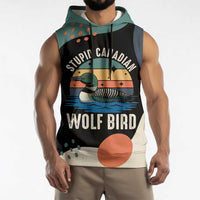 Stupid Canadian Wolf Bird Sleeveless Hoodie with Retro Sunset Stripe Pattern