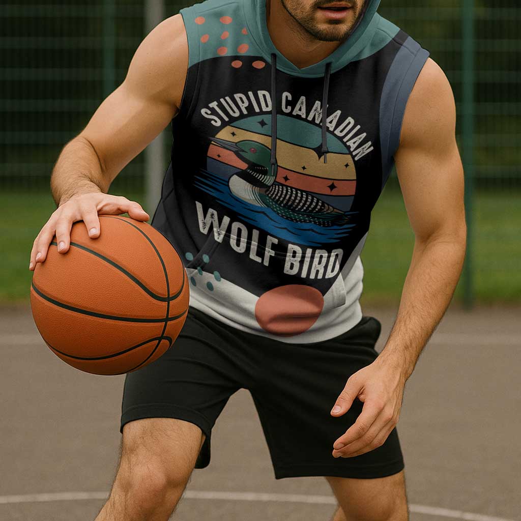 Stupid Canadian Wolf Bird Sleeveless Hoodie with Retro Sunset Stripe Pattern