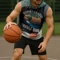 Stupid Canadian Wolf Bird Sleeveless Hoodie with Retro Sunset Stripe Pattern