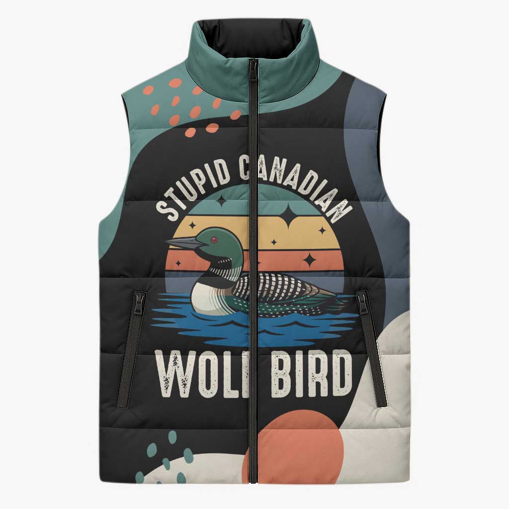 Stupid Canadian Wolf Bird Sleeveless Puffer Jacket with Retro Sunset Stripe Pattern