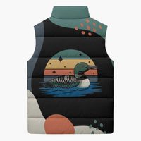 Stupid Canadian Wolf Bird Sleeveless Puffer Jacket with Retro Sunset Stripe Pattern