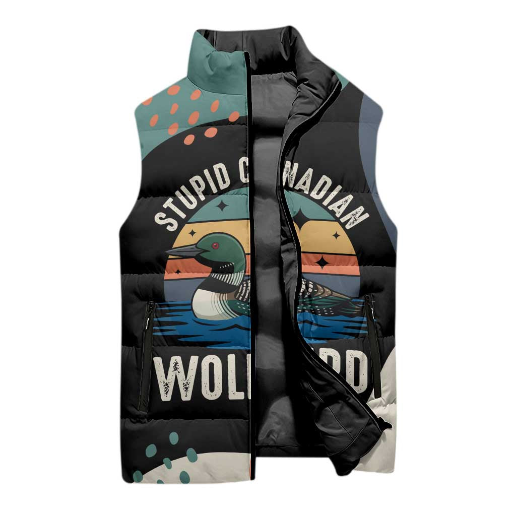 Stupid Canadian Wolf Bird Sleeveless Puffer Jacket with Retro Sunset Stripe Pattern