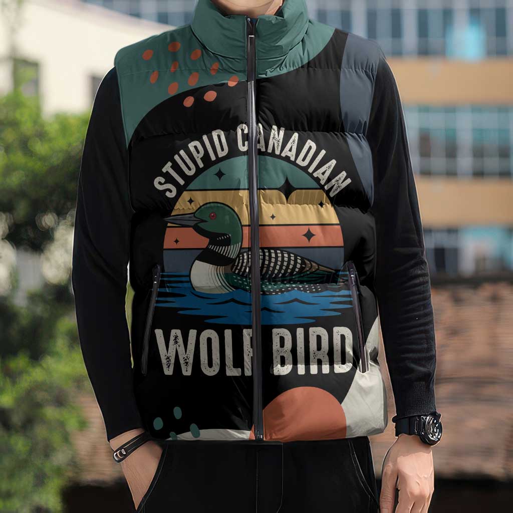 Stupid Canadian Wolf Bird Sleeveless Puffer Jacket with Retro Sunset Stripe Pattern
