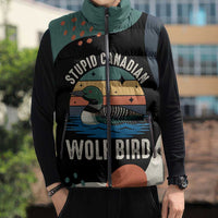 Stupid Canadian Wolf Bird Sleeveless Puffer Jacket with Retro Sunset Stripe Pattern