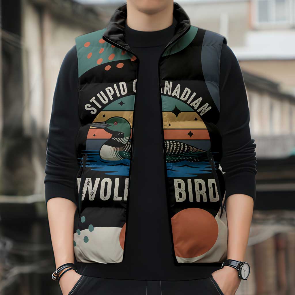 Stupid Canadian Wolf Bird Sleeveless Puffer Jacket with Retro Sunset Stripe Pattern