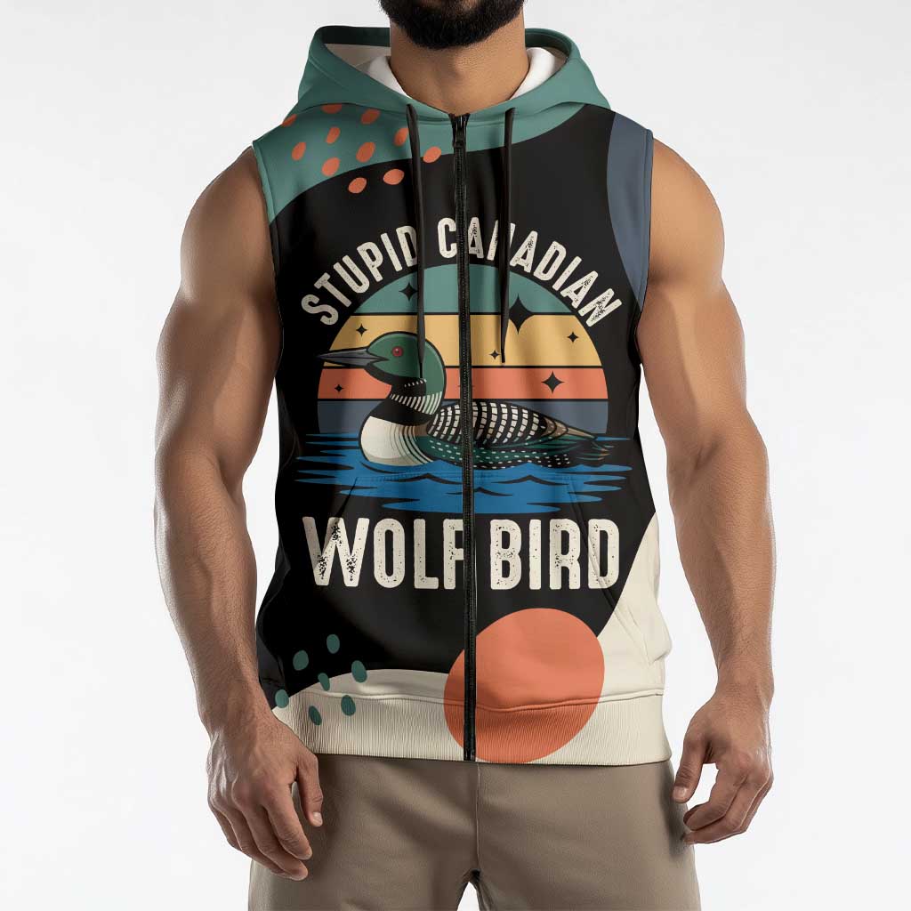Stupid Canadian Wolf Bird Sleeveless Zip Hoodie with Retro Sunset Stripe Pattern