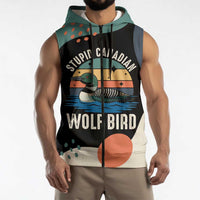 Stupid Canadian Wolf Bird Sleeveless Zip Hoodie with Retro Sunset Stripe Pattern