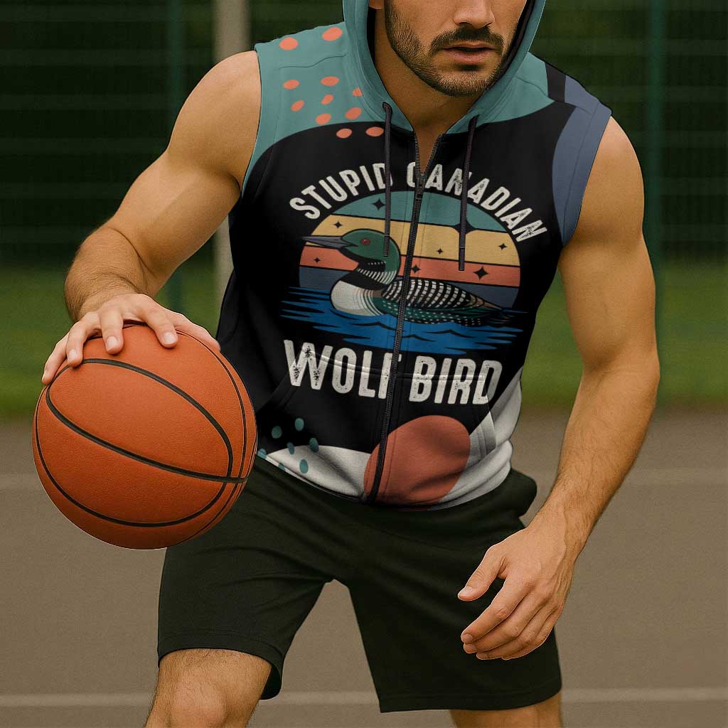 Stupid Canadian Wolf Bird Sleeveless Zip Hoodie with Retro Sunset Stripe Pattern
