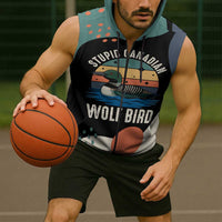 Stupid Canadian Wolf Bird Sleeveless Zip Hoodie with Retro Sunset Stripe Pattern