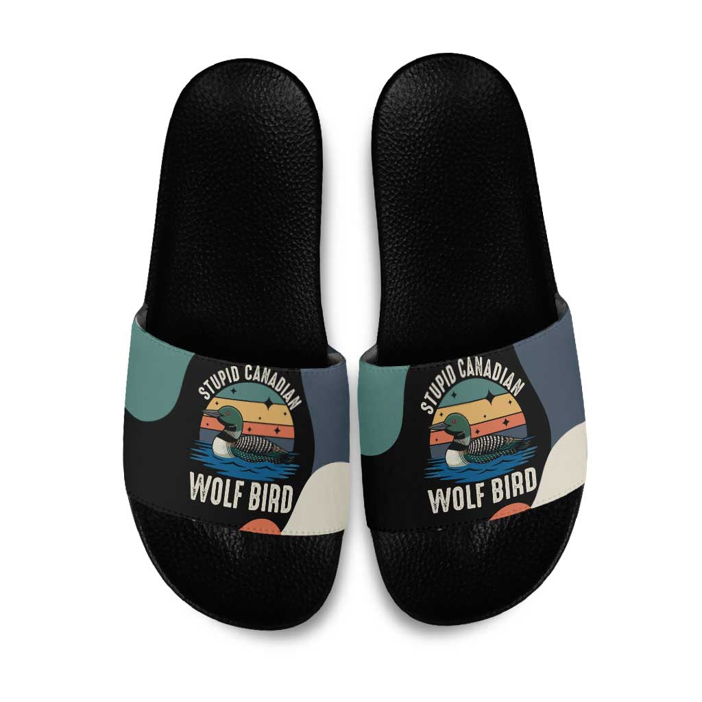 Stupid Canadian Wolf Bird Slide Sandals with Retro Sunset Stripe Pattern