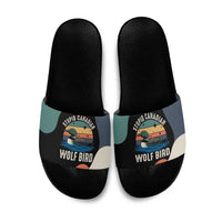 Stupid Canadian Wolf Bird Slide Sandals with Retro Sunset Stripe Pattern