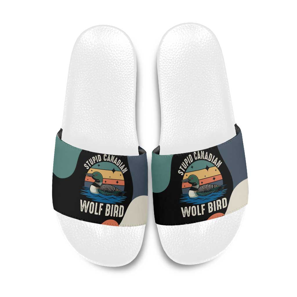 Stupid Canadian Wolf Bird Slide Sandals with Retro Sunset Stripe Pattern