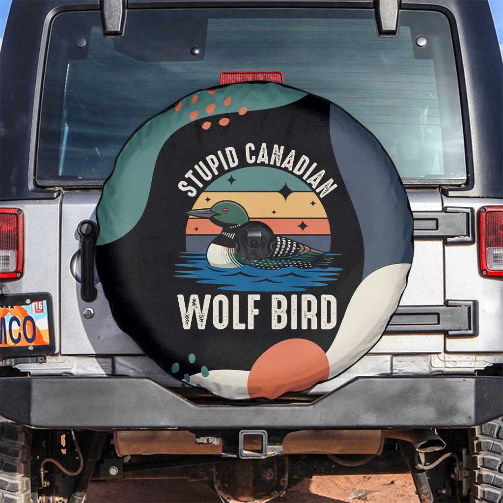 Stupid Canadian Wolf Bird Spare Tire Cover with Retro Sunset Stripe Pattern