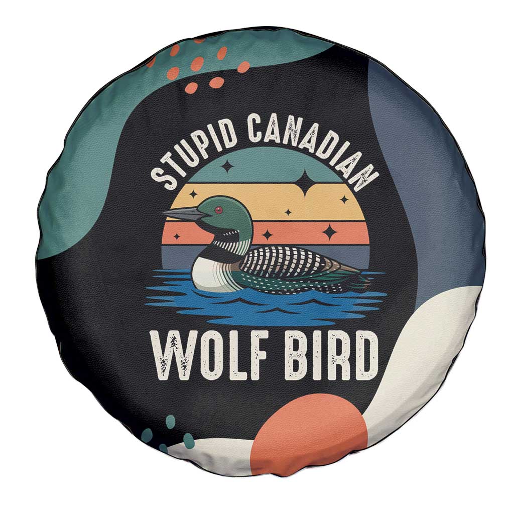 Stupid Canadian Wolf Bird Spare Tire Cover with Retro Sunset Stripe Pattern