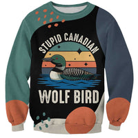 Stupid Canadian Wolf Bird Sweatshirt with Retro Sunset Stripe Pattern