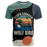 Stupid Canadian Wolf Bird T Shirt with Retro Sunset Stripe Pattern