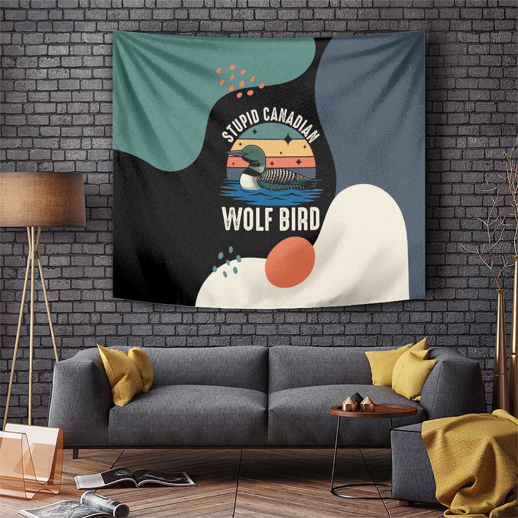 Stupid Canadian Wolf Bird Tapestry with Retro Sunset Stripe Pattern
