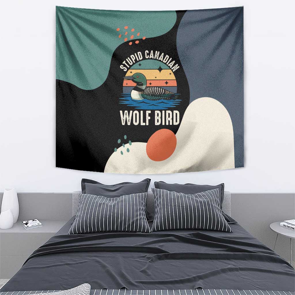 Stupid Canadian Wolf Bird Tapestry with Retro Sunset Stripe Pattern