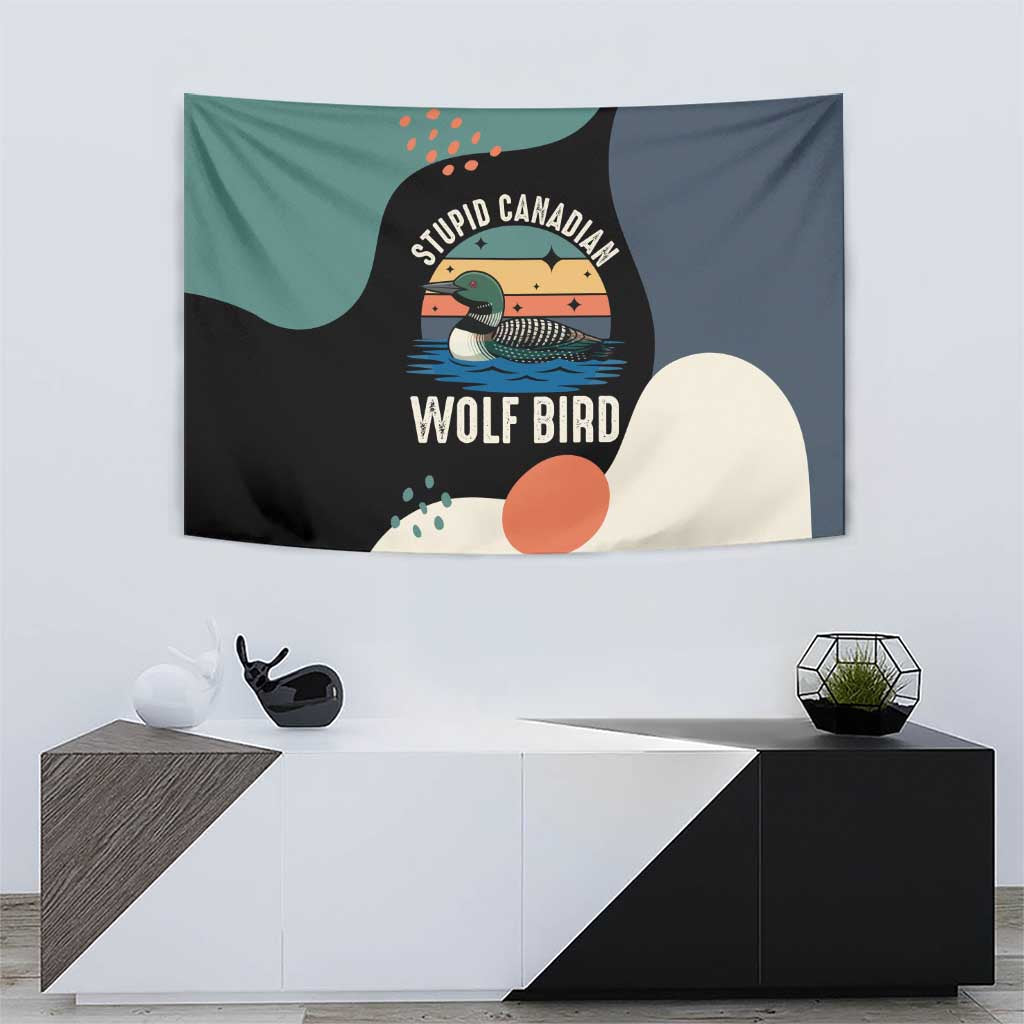 Stupid Canadian Wolf Bird Tapestry with Retro Sunset Stripe Pattern