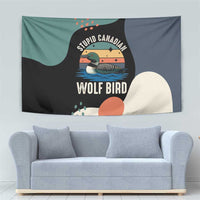 Stupid Canadian Wolf Bird Tapestry with Retro Sunset Stripe Pattern