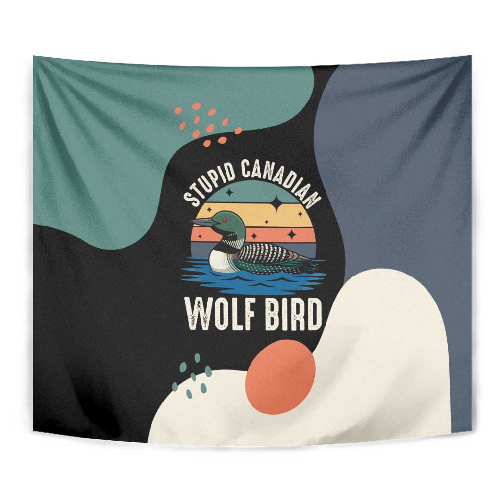 Stupid Canadian Wolf Bird Tapestry with Retro Sunset Stripe Pattern