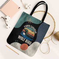 Stupid Canadian Wolf Bird Tote Bag with Retro Sunset Stripe Pattern