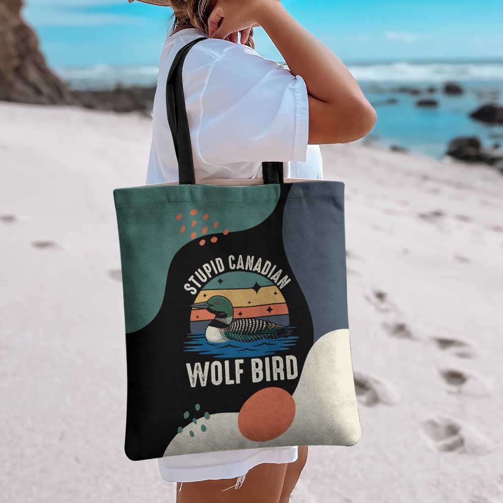 Stupid Canadian Wolf Bird Tote Bag with Retro Sunset Stripe Pattern