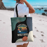 Stupid Canadian Wolf Bird Tote Bag with Retro Sunset Stripe Pattern