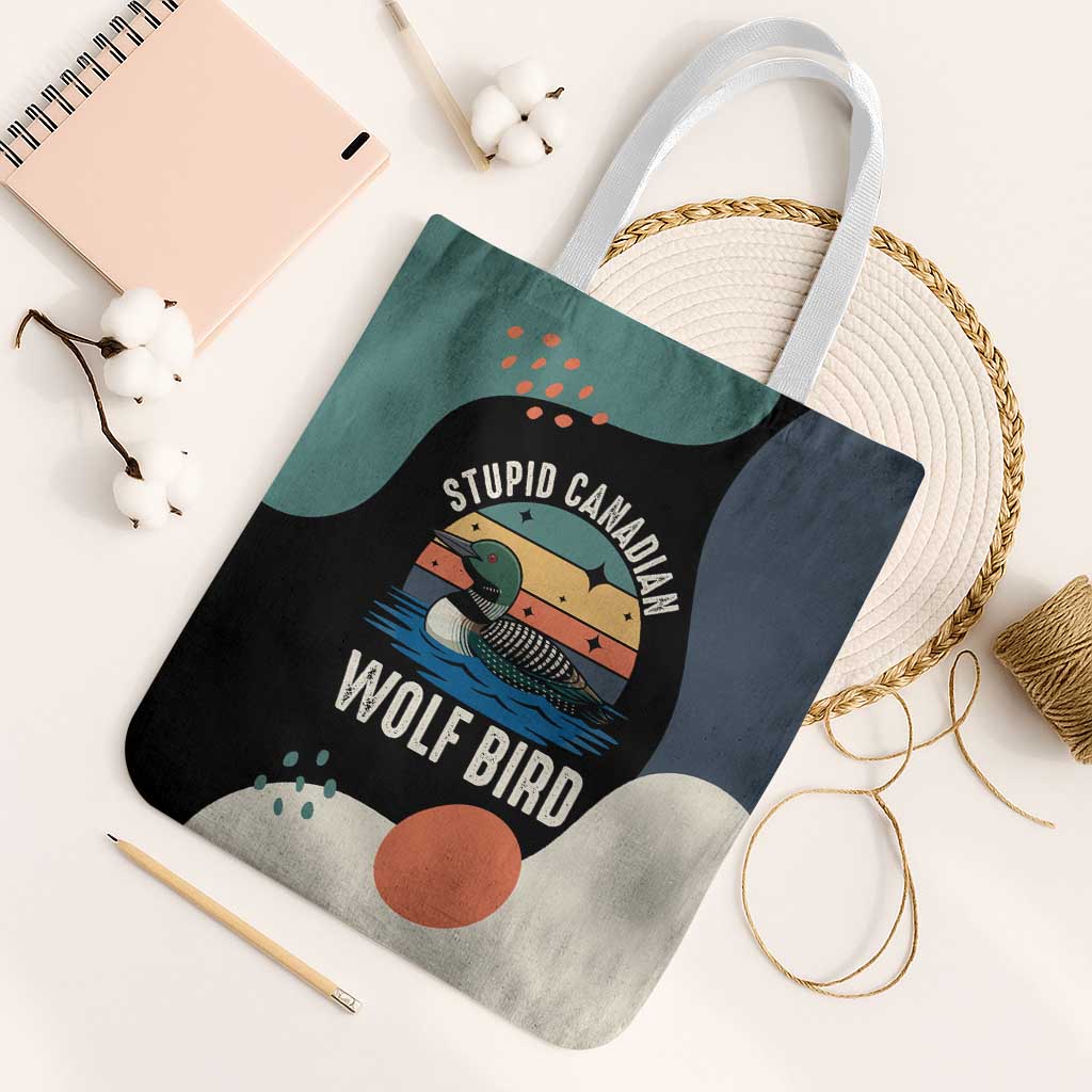 Stupid Canadian Wolf Bird Tote Bag with Retro Sunset Stripe Pattern
