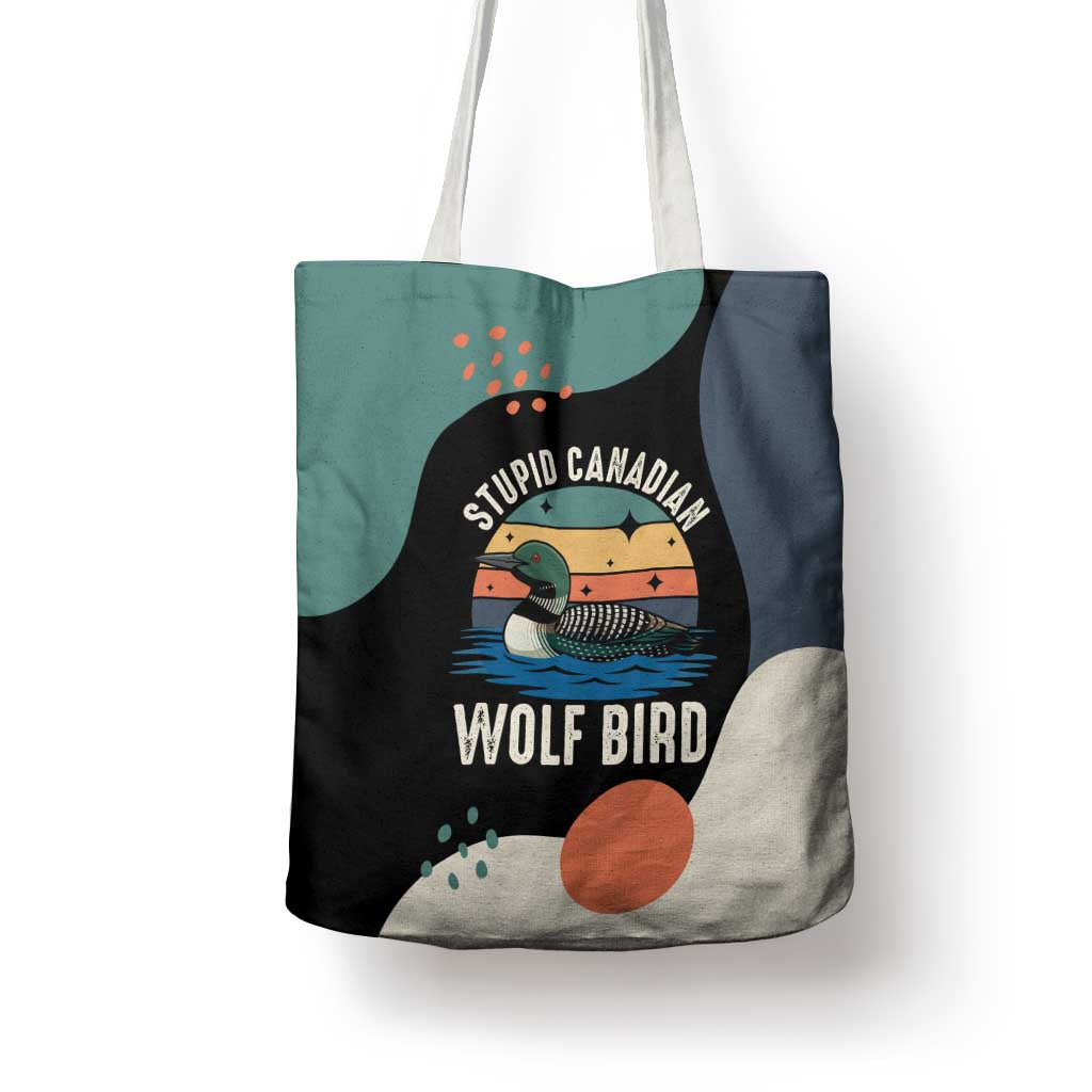 Stupid Canadian Wolf Bird Tote Bag with Retro Sunset Stripe Pattern