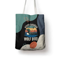 Stupid Canadian Wolf Bird Tote Bag with Retro Sunset Stripe Pattern