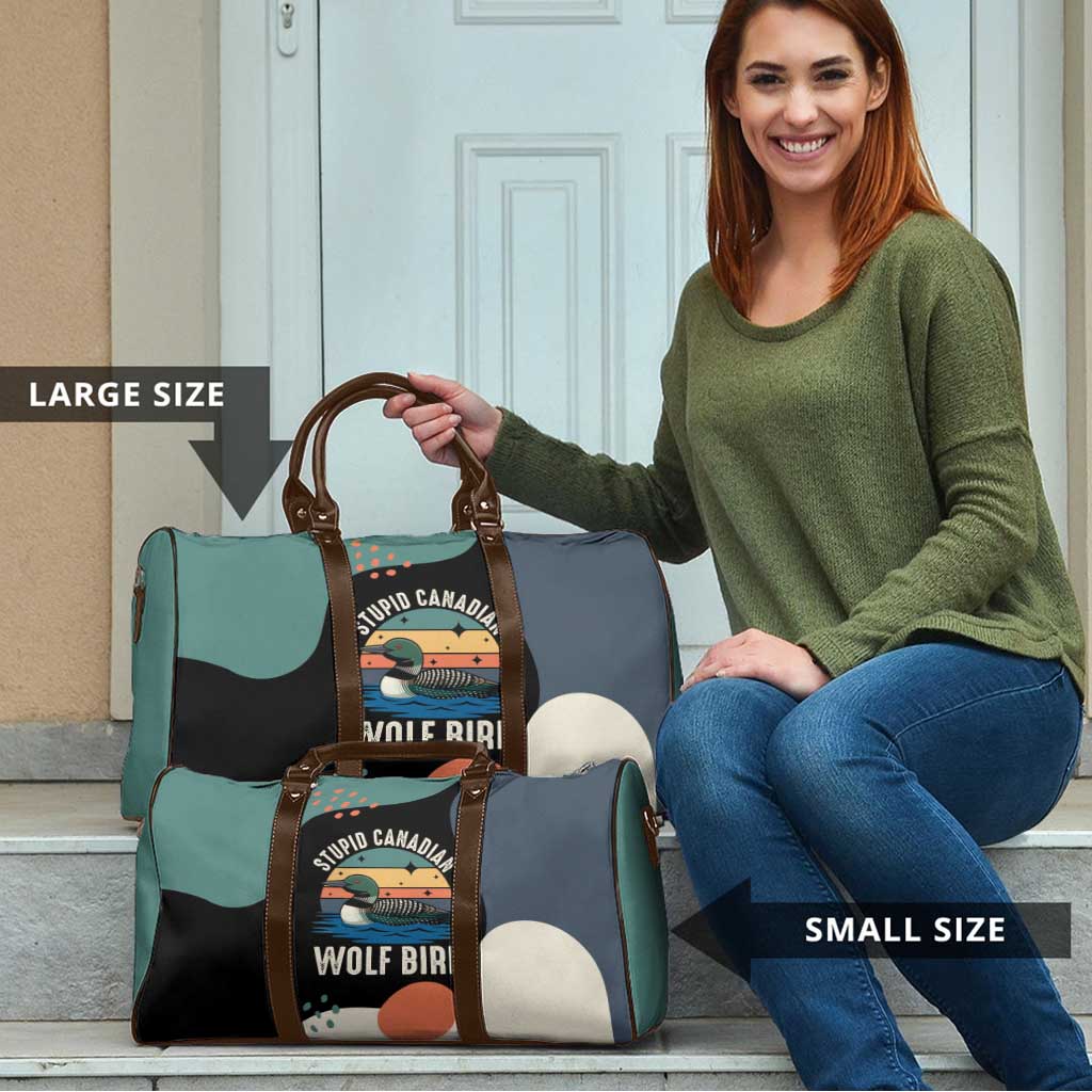 Stupid Canadian Wolf Bird Travel Bag with Retro Sunset Stripe Pattern