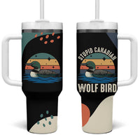 Stupid Canadian Wolf Bird Tumbler With Handle with Retro Sunset Stripe Pattern