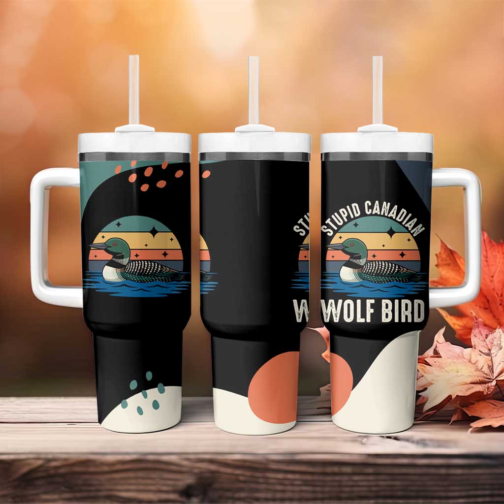 Stupid Canadian Wolf Bird Tumbler With Handle with Retro Sunset Stripe Pattern
