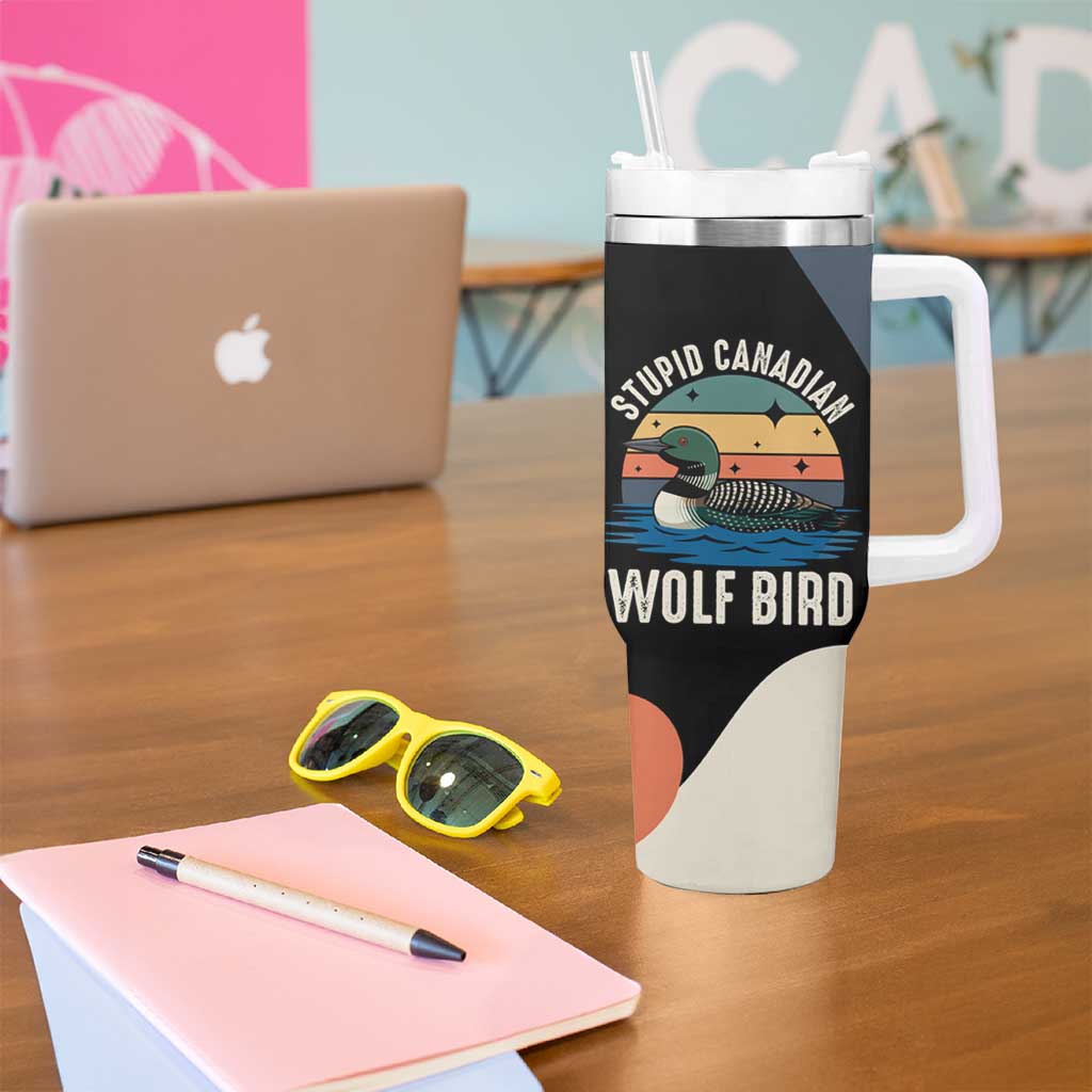 Stupid Canadian Wolf Bird Tumbler With Handle with Retro Sunset Stripe Pattern