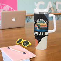 Stupid Canadian Wolf Bird Tumbler With Handle with Retro Sunset Stripe Pattern