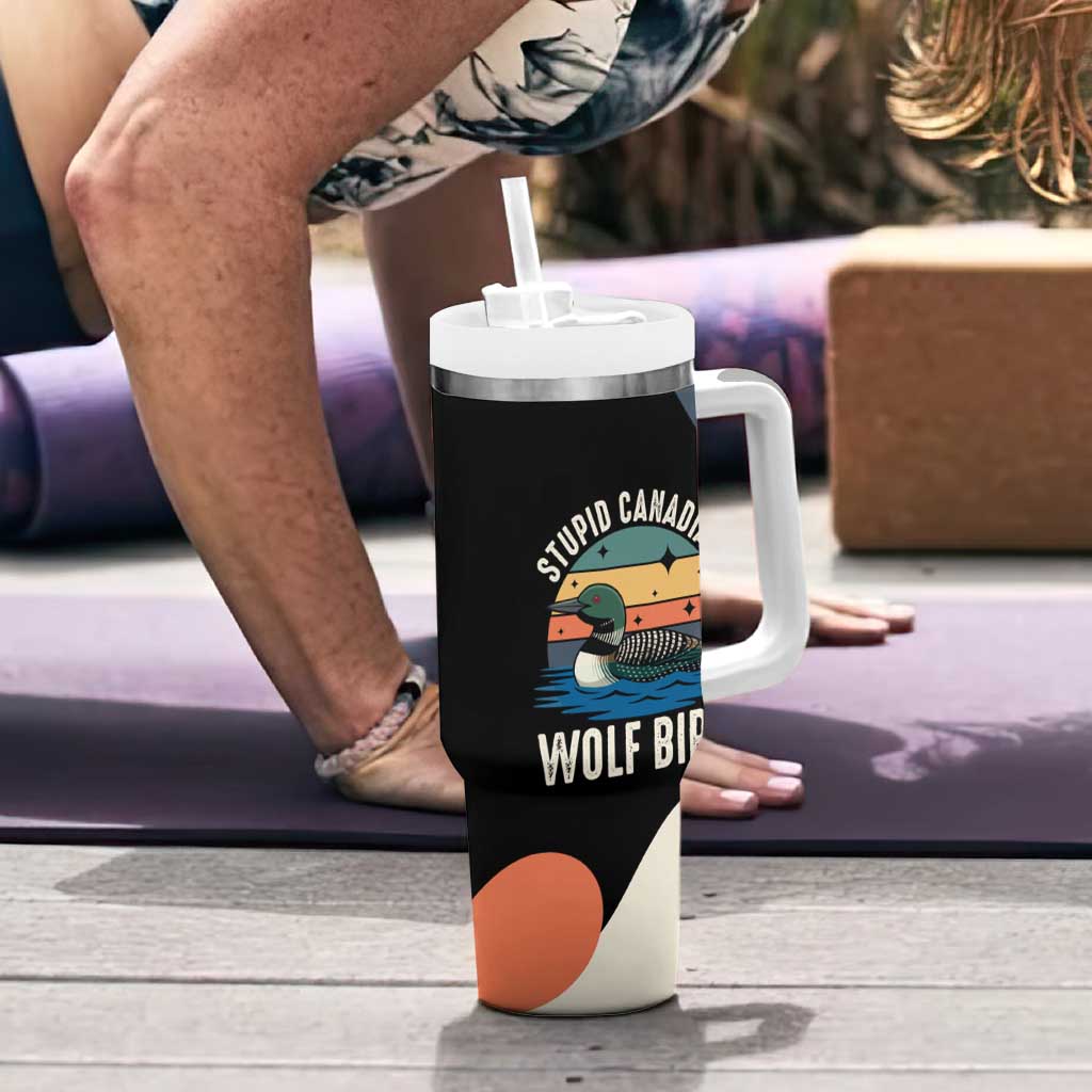 Stupid Canadian Wolf Bird Tumbler With Handle with Retro Sunset Stripe Pattern