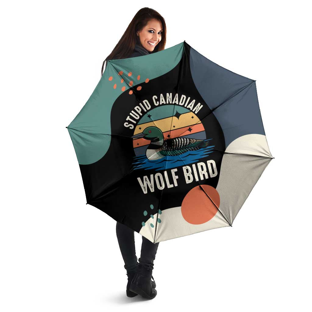 Stupid Canadian Wolf Bird Umbrella with Retro Sunset Stripe Pattern