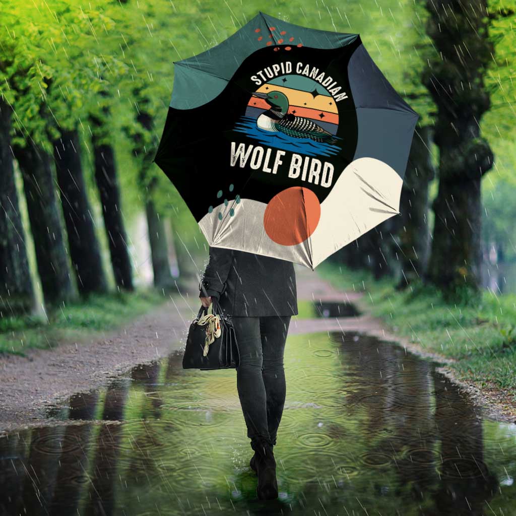 Stupid Canadian Wolf Bird Umbrella with Retro Sunset Stripe Pattern