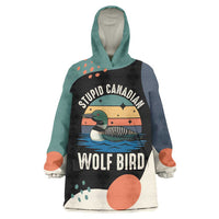 Stupid Canadian Wolf Bird Wearable Blanket Hoodie with Retro Sunset Stripe Pattern